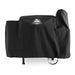 Black Pit Boss grill cover with logo and wheel.