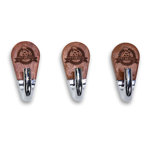 Brown wooden hooks with silver metal hooks and "PITBOSS" branding.