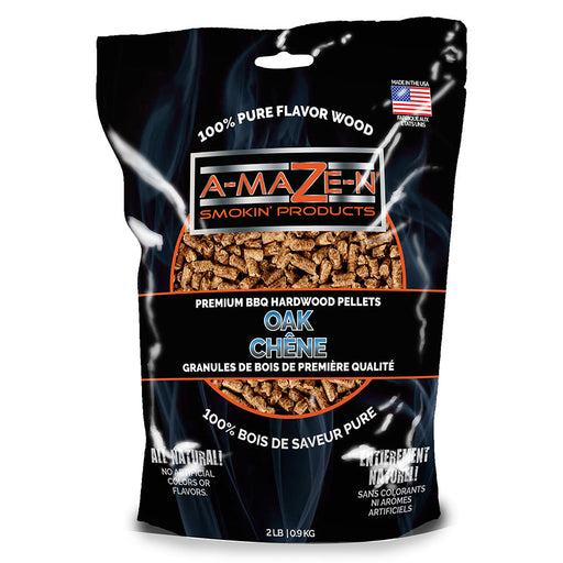 A-MAZE-N Oak BBQ hardwood pellets, 2 lb bag. 100% pure flavor wood, all natural, no artificial colors or flavors.