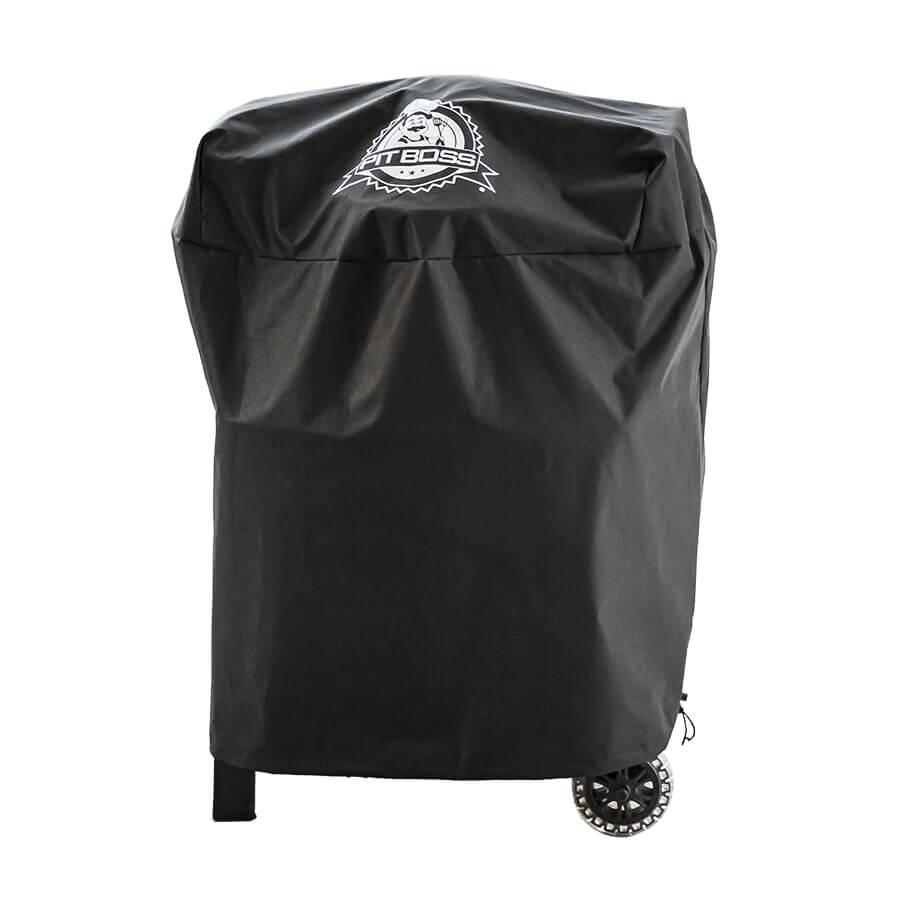 Black Pit Boss grill cover with wheels and brand logo.