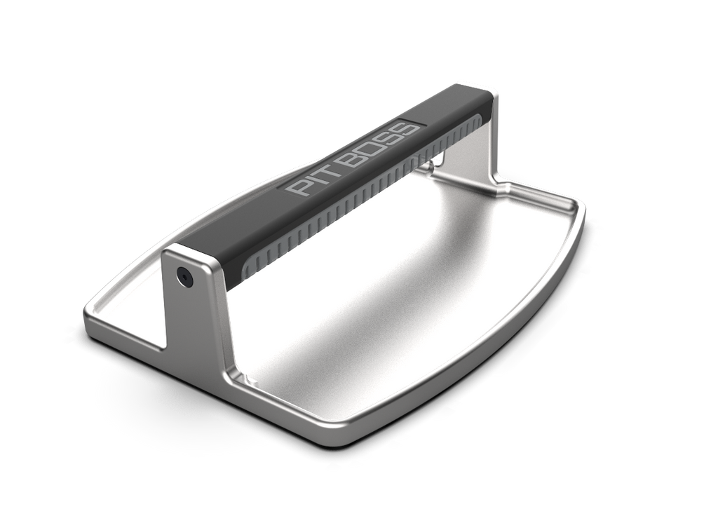 Silver Pit Boss portable grill with black handle and branding.