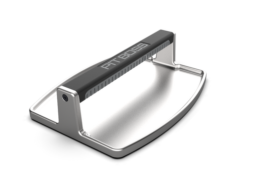 Silver Pit Boss portable grill with black handle and branding.