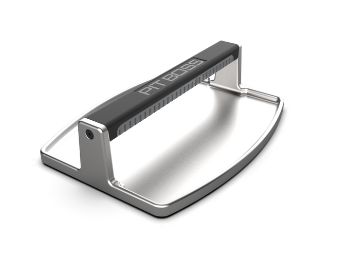 Silver Pit Boss portable grill with black handle and branding.