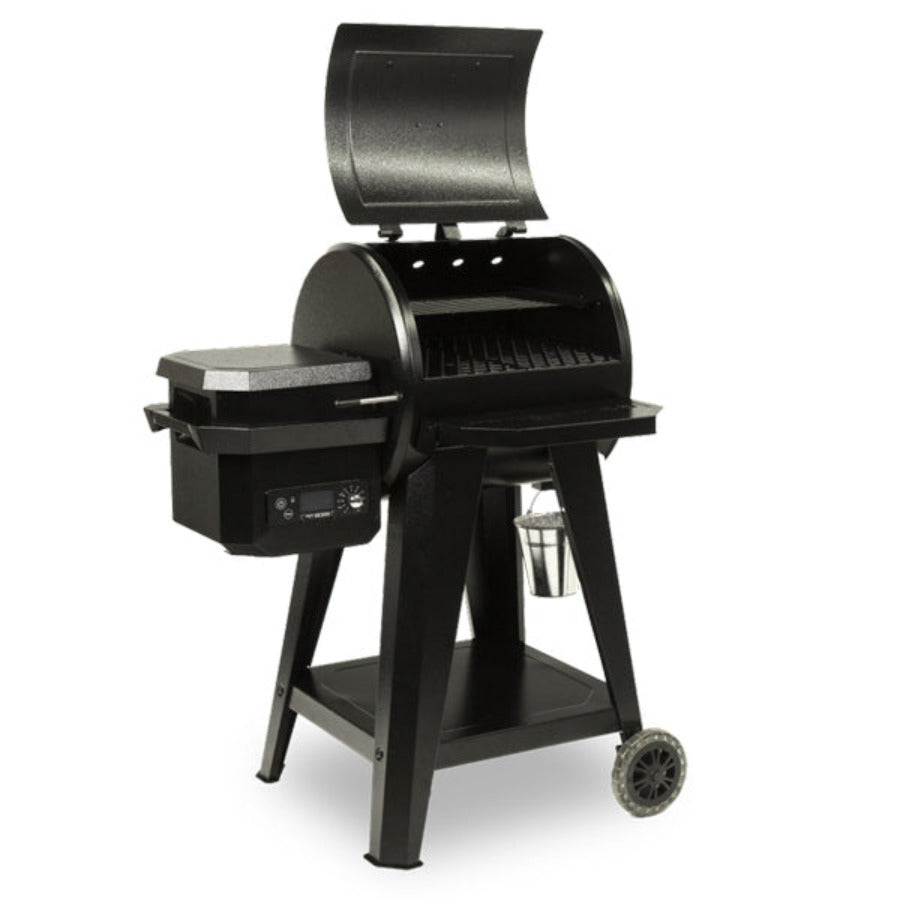 Black pellet grill with digital control panel and side shelf.