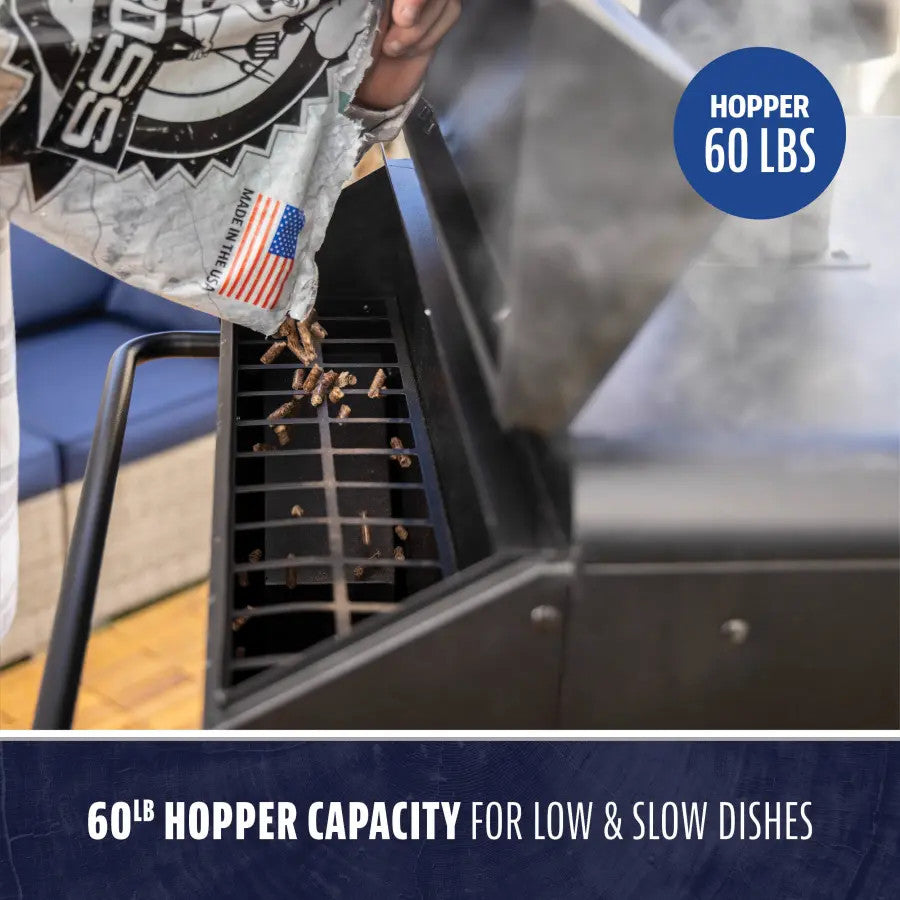 Large outdoor grill with a 60 lb pellet hopper, ideal for low and slow cooking. Easy top-loading design.
