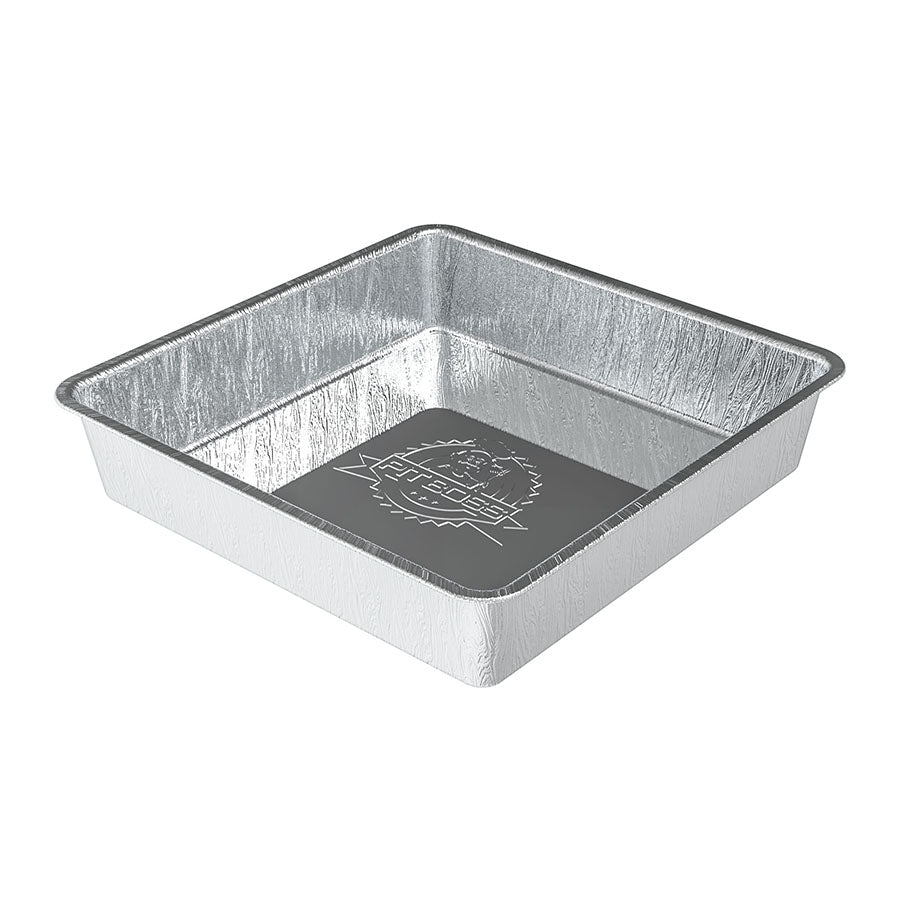 Silver disposable aluminum baking pan with textured surface and logo.