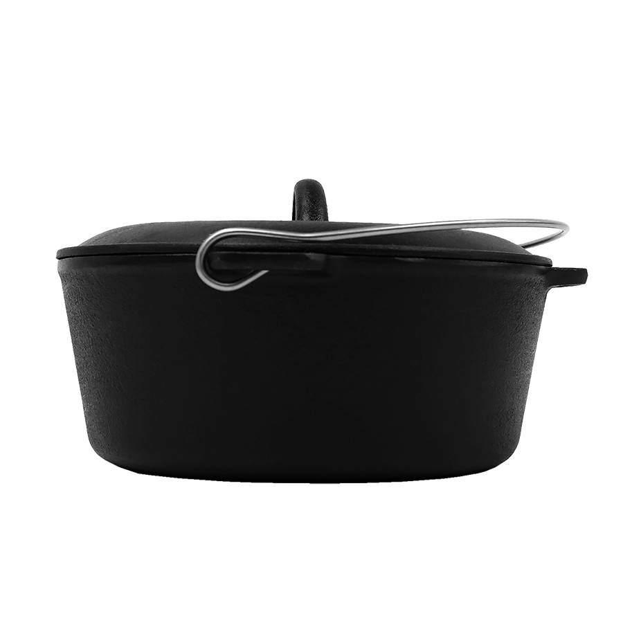 Black cast iron Dutch oven with lid and handles.
