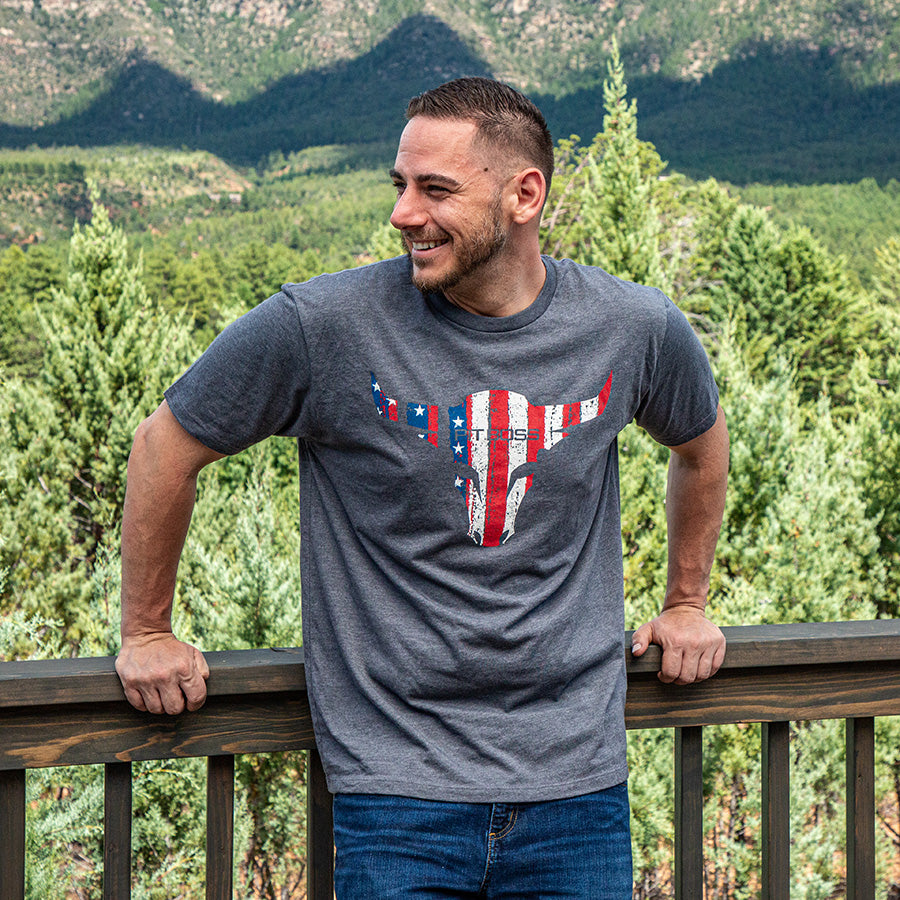 Gray t-shirt with American flag bull design.