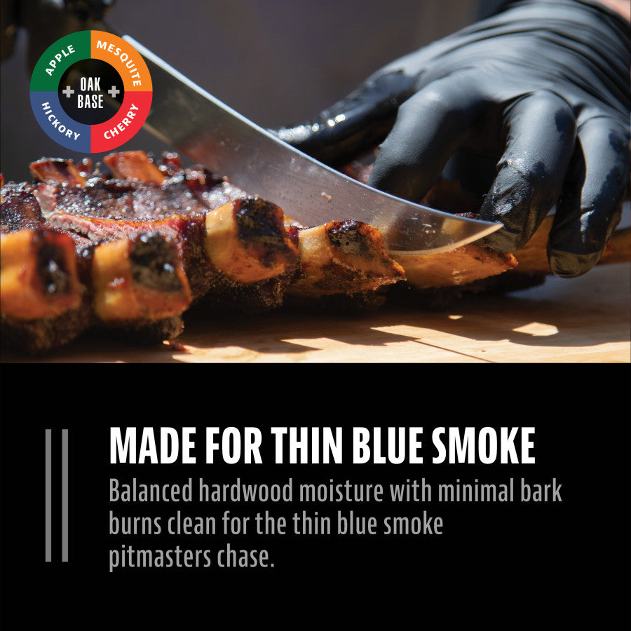 Gloved hand slices smoked ribs on a cutting board; hardwood blend for clean, thin blue smoke ideal for BBQ pitmasters.