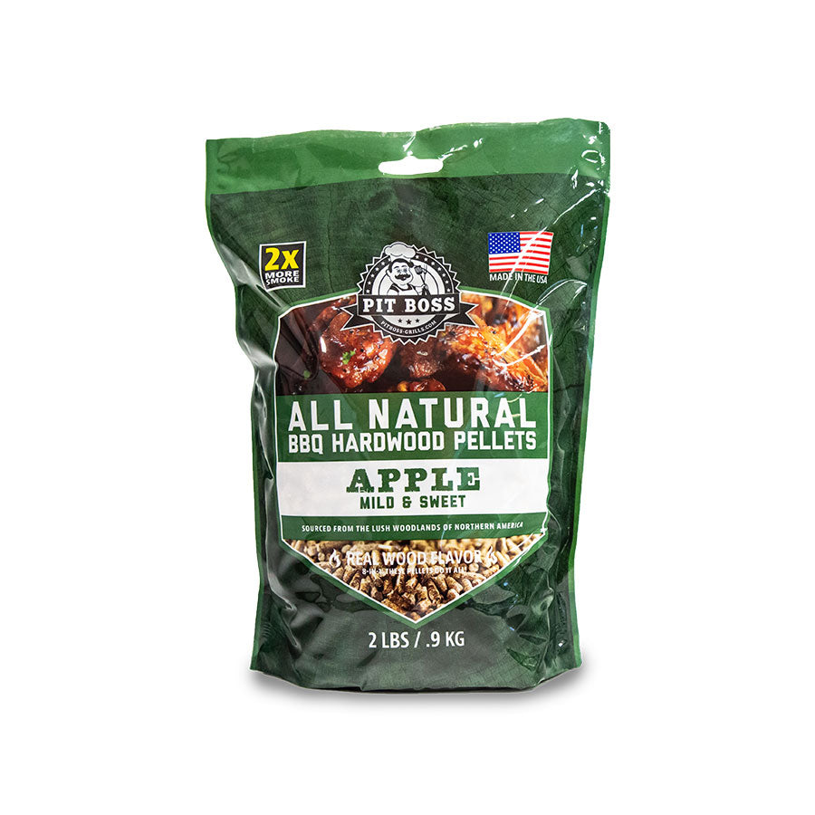 Green Pit Boss BBQ hardwood pellets, apple flavor, 2 lbs.