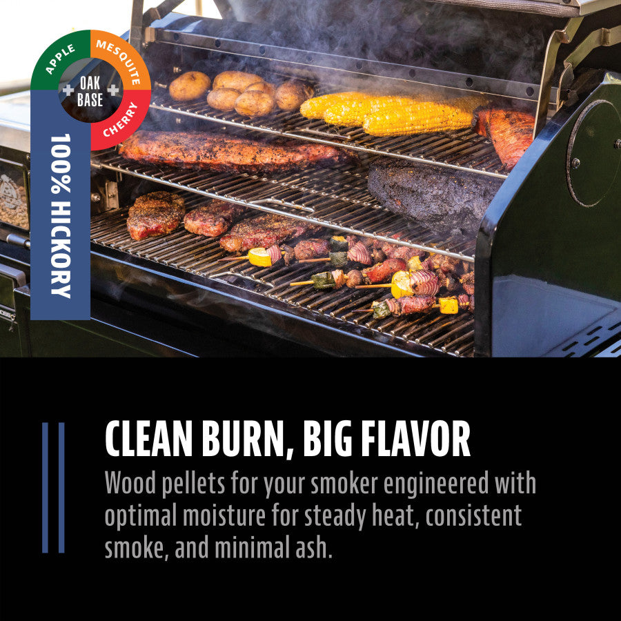 Smoker grill with assorted meats, veggies, and corn. Promotes 100% hickory wood pellets for clean burn and big flavor.
