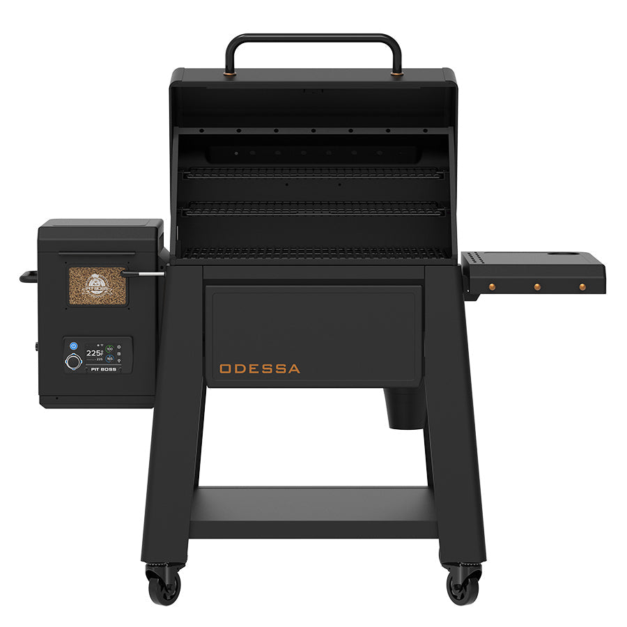 Black ODESSA electric grill with digital control panel and pellet hopper.