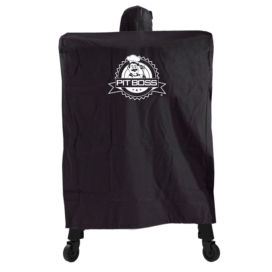Black Pit Boss grill cover with wheels and brand logo.