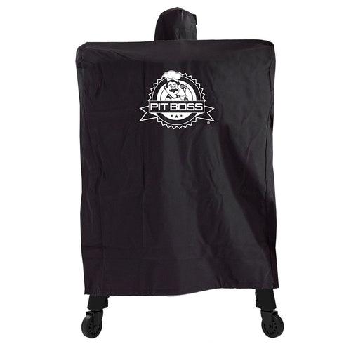 Black Pit Boss grill cover with wheels and brand logo.