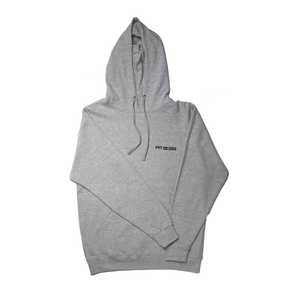 Gray hoodie with "PIT BOSS" logo on chest.