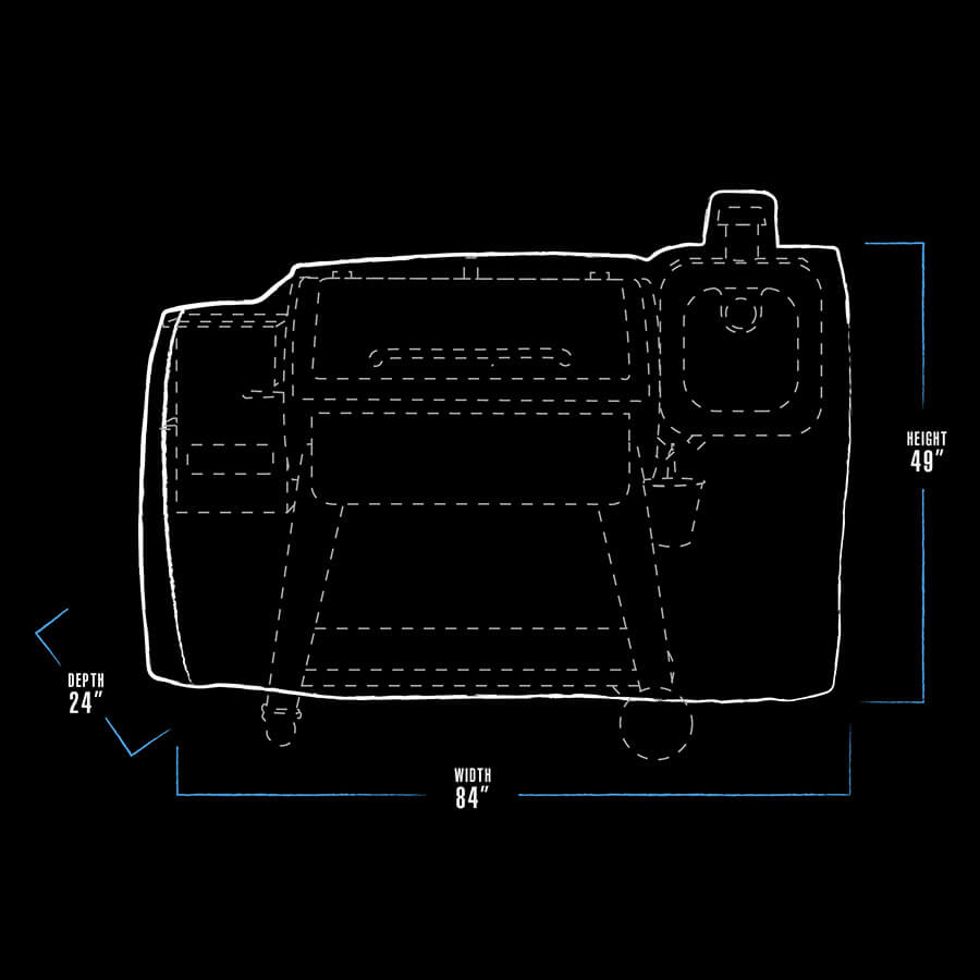 Diagram of a black rectangular object with dimensions: 84" width, 49" height, 24" depth.