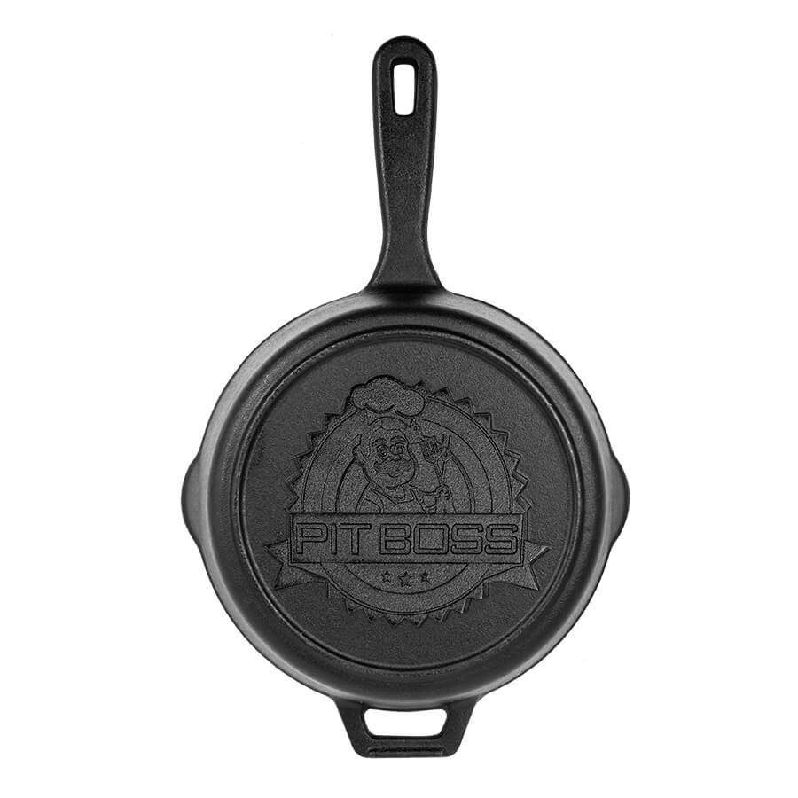 Black Pit Boss cast iron skillet with chef logo.