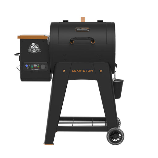 Black Pit Boss Lexington pellet grill with digital control panel and wheels.