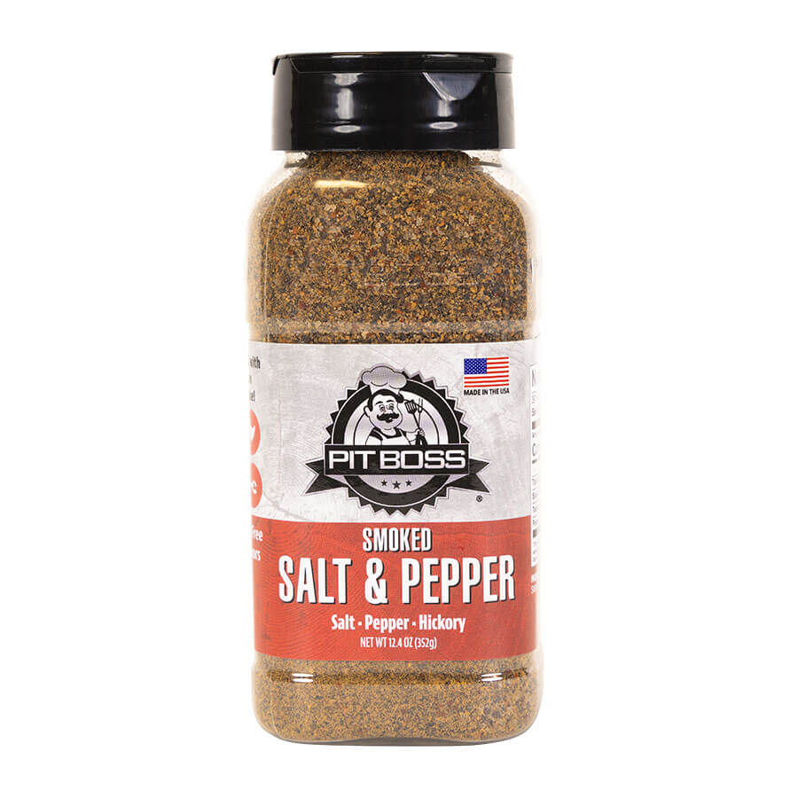 Clear plastic bottle of Pit Boss Smoked Salt & Pepper, 12.4 oz.