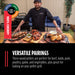 Chef with grilled meats and veggies, promoting 100% cherry oak wood pellets for versatile pellet grill cooking.