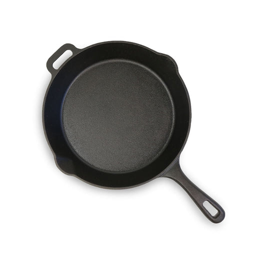 Black cast iron skillet with two handles.