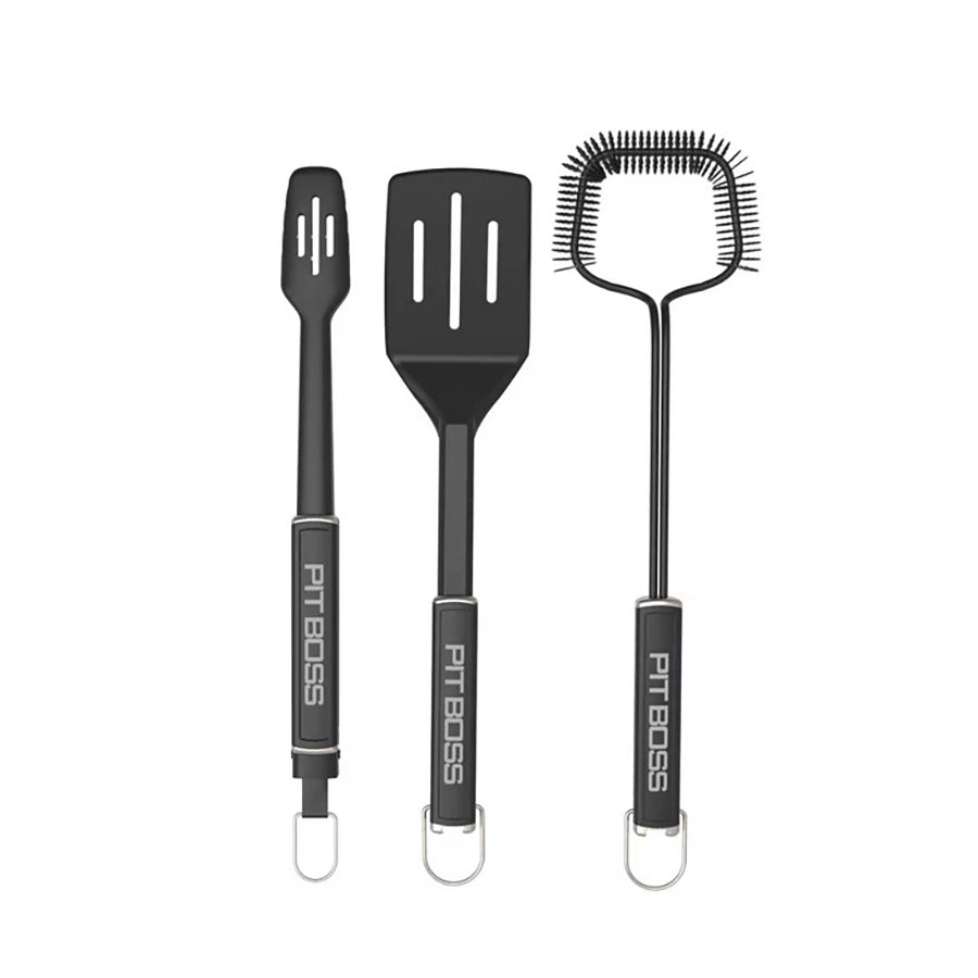Black Pit Boss BBQ tools set: spatula, turner, and grill brush.