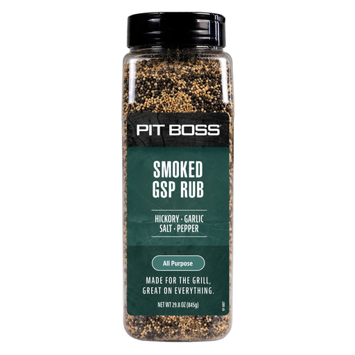 Pit Boss Smoked GSP Rub, 29.8 oz. Clear bottle with black lid, visible spice blend. Hickory, garlic, salt, pepper.
