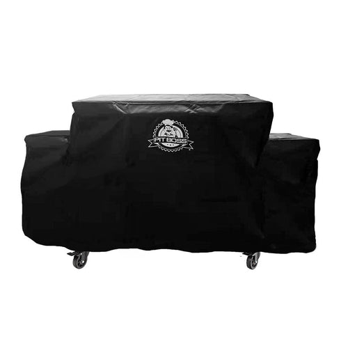 Black Pit Boss grill cover with logo, on wheels.