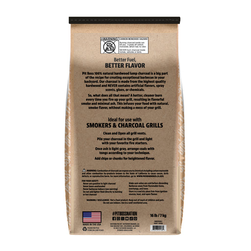 Brown kraft bag of Pit Boss 100% natural hardwood lump charcoal, 16 lb / 7 kg.