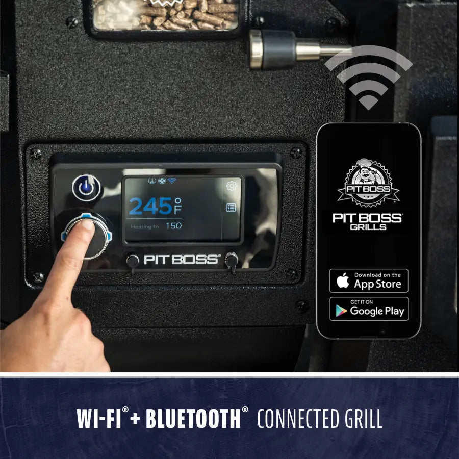 Black Pit Boss connected grill with Wi-Fi and Bluetooth, displaying temperature settings.