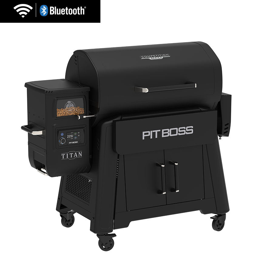 Black Pit Boss Titan Competition Series pellet grill with Bluetooth connectivity.