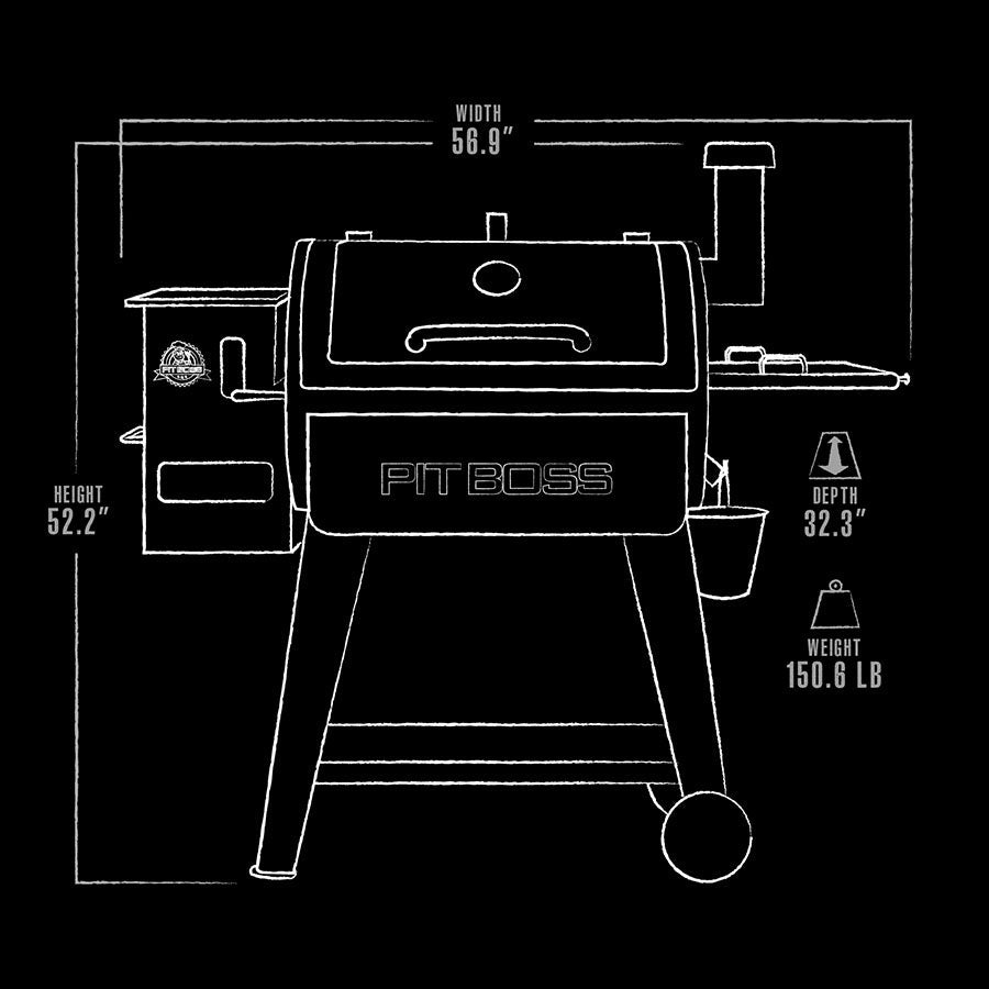 Black PitBoss grill with dimensions: 56.9" wide, 52.2" high, 32.3" deep, 150.6 lbs.