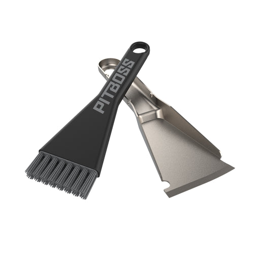 Pit Boss grill cleaning set with a black bristle brush and metal scraper, both with ergonomic handles.