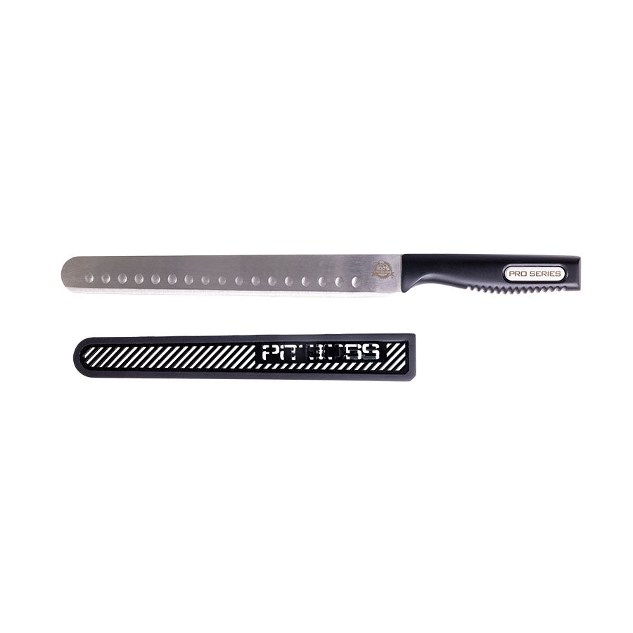 Black PRO SERIES serrated knife with protective cover.