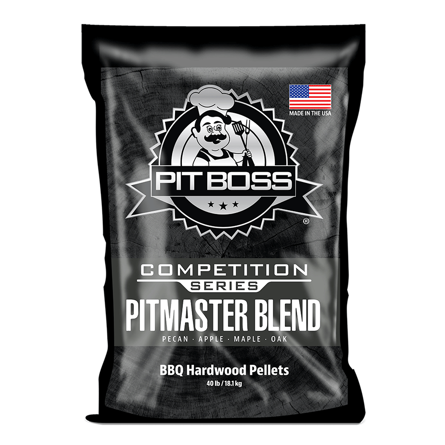 Pit Boss Pitmaster Blend BBQ Hardwood Pellets, 40 lb bag. Black packaging with chef logo, USA flag, and wood blend details.