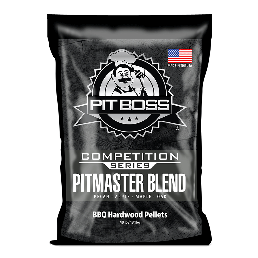 Pit Boss Pitmaster Blend BBQ Hardwood Pellets, 40 lb bag. Black packaging with chef logo, USA flag, and wood blend details.