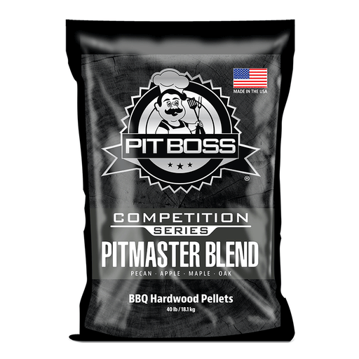 Pit Boss Pitmaster Blend BBQ Hardwood Pellets, 40 lb bag. Black packaging with chef logo, USA flag, and wood blend details.