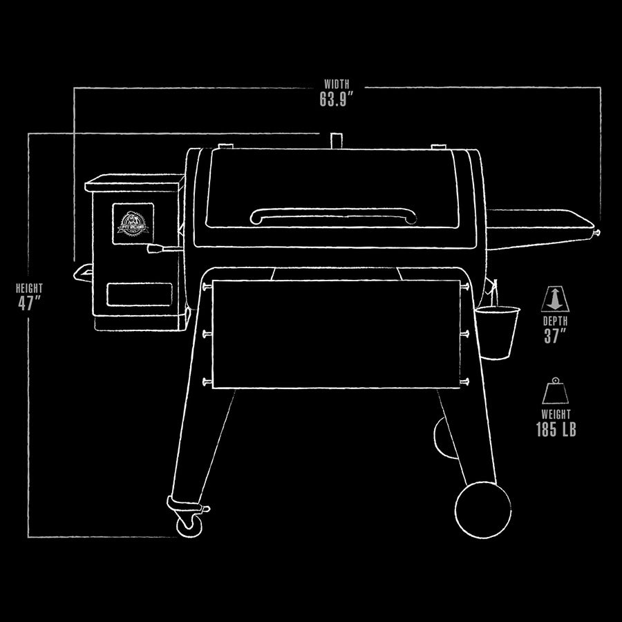 Black grill with side shelf, 63.9" wide, 47" tall, 37" deep, 185 lb weight.
