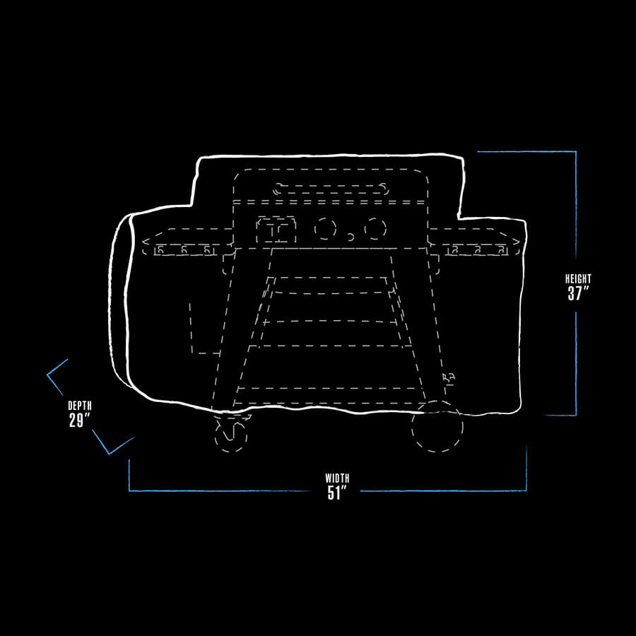 "White outline of a vehicle with dimensions: width 51", depth 29", height 37"."