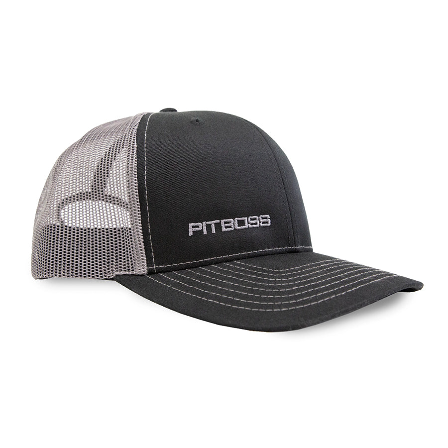 Black and gray Pit Boss trucker hat with mesh back.