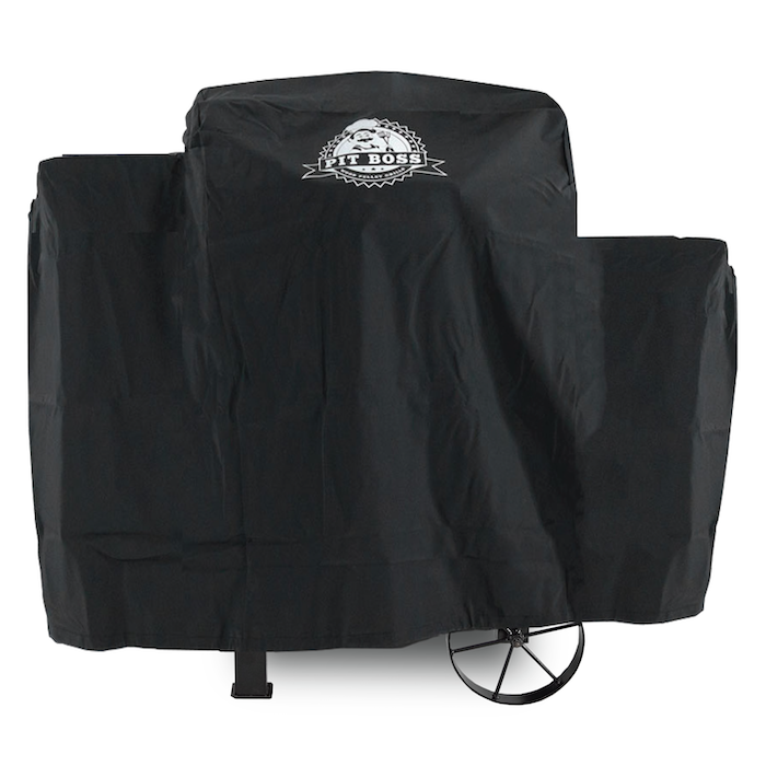 Black Pit Boss grill cover with wheels and logo.