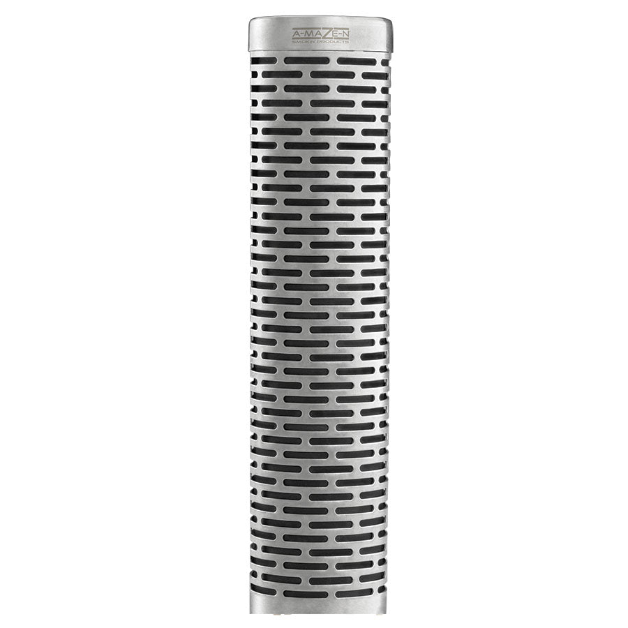 Stainless steel tube smoker with vented design for grilling or smoking food; cylindrical and perforated for airflow.