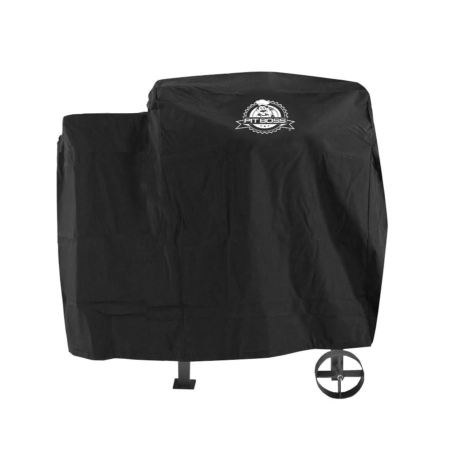 Black Pit Boss grill cover with logo and wheels.