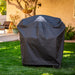 Black FitBoss grill cover on grass, outdoor setting.