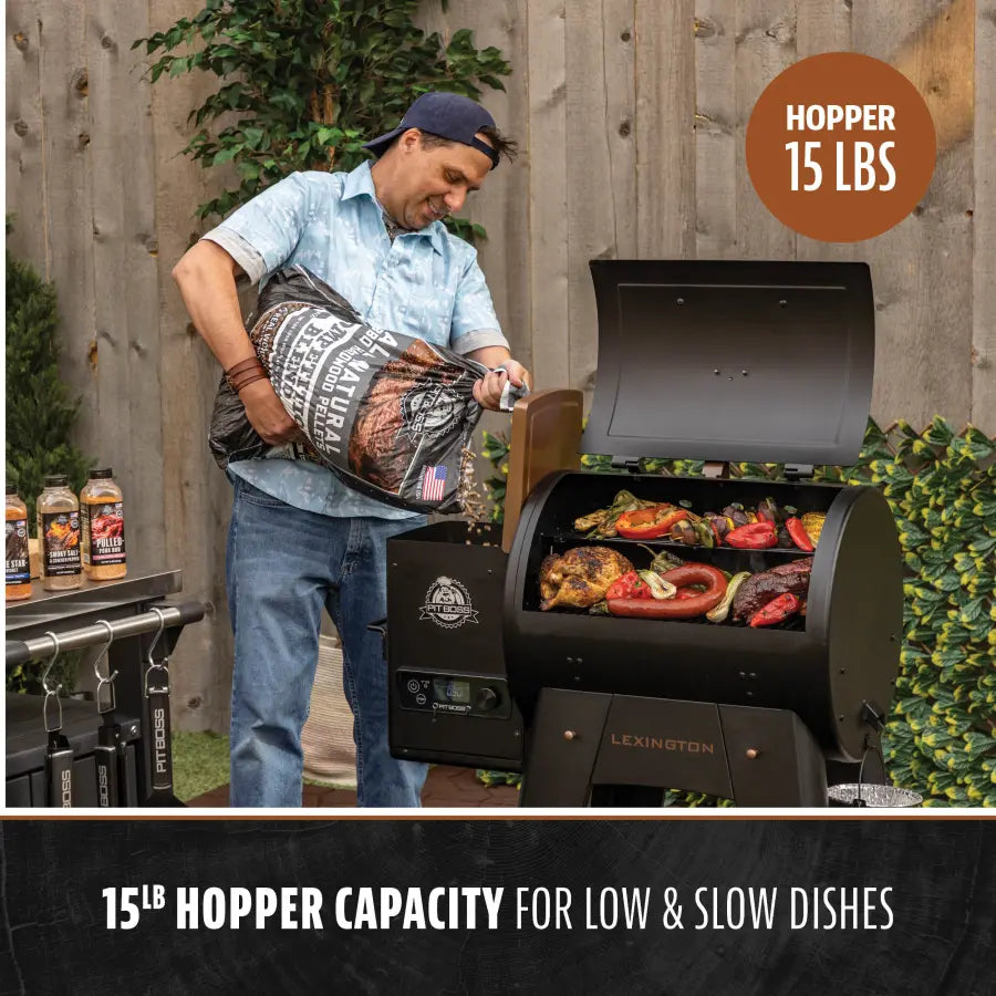 Black Lexington pellet grill with 15 lb hopper capacity for low & slow cooking.