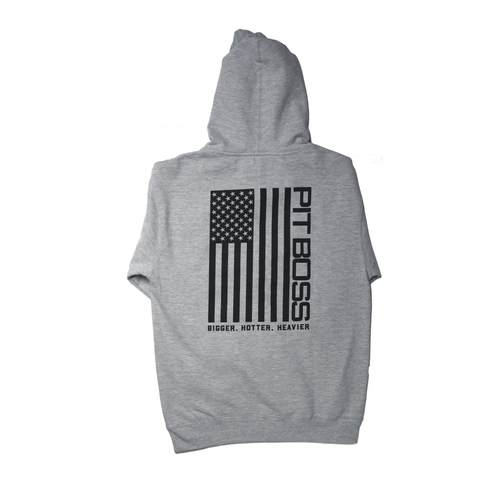 Gray Pit Boss hoodie with American flag design and "BIGGER. HOTTER. HEAVIER" text.