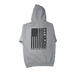 Gray Pit Boss hoodie with American flag design and "BIGGER. HOTTER. HEAVIER" text.