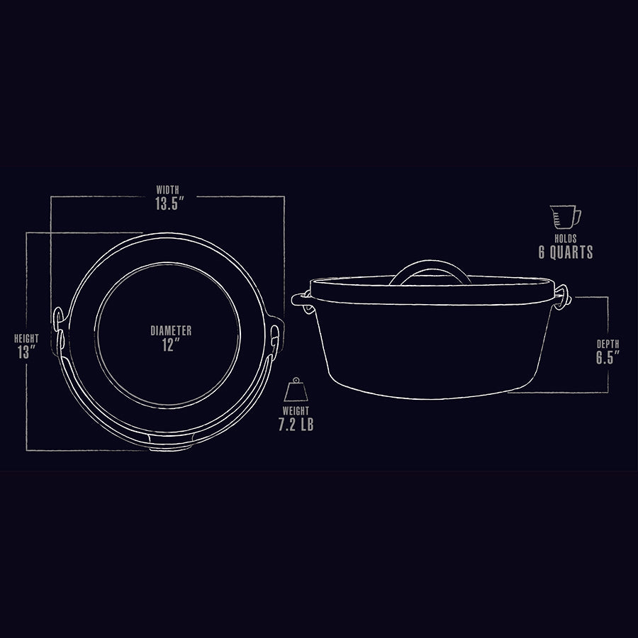 "White diagram of a 6-quart pot with dimensions: 13.5" width, 12" diameter, 13" height, 6.5" depth, 7.2 lb weight."