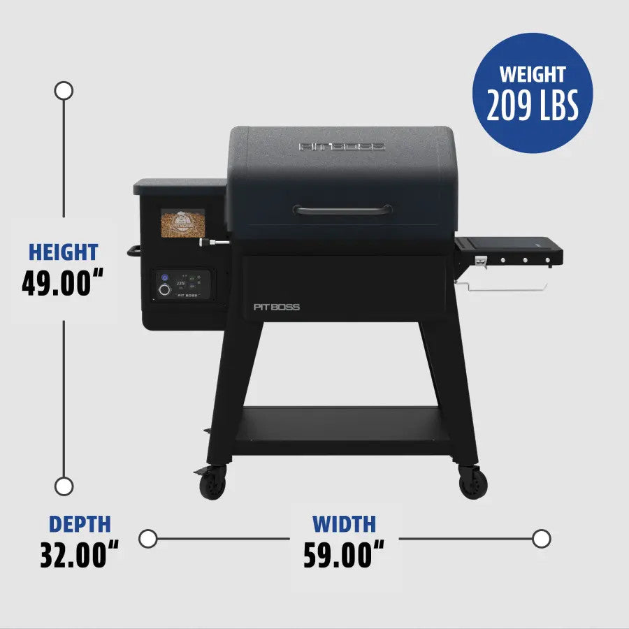 Black Pit Boss grill with dimensions: 49" height, 59" width, 32" depth, 209 lbs weight.