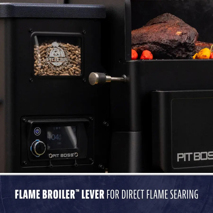 Black Pit Boss smoker with flame broiler lever for direct flame searing.